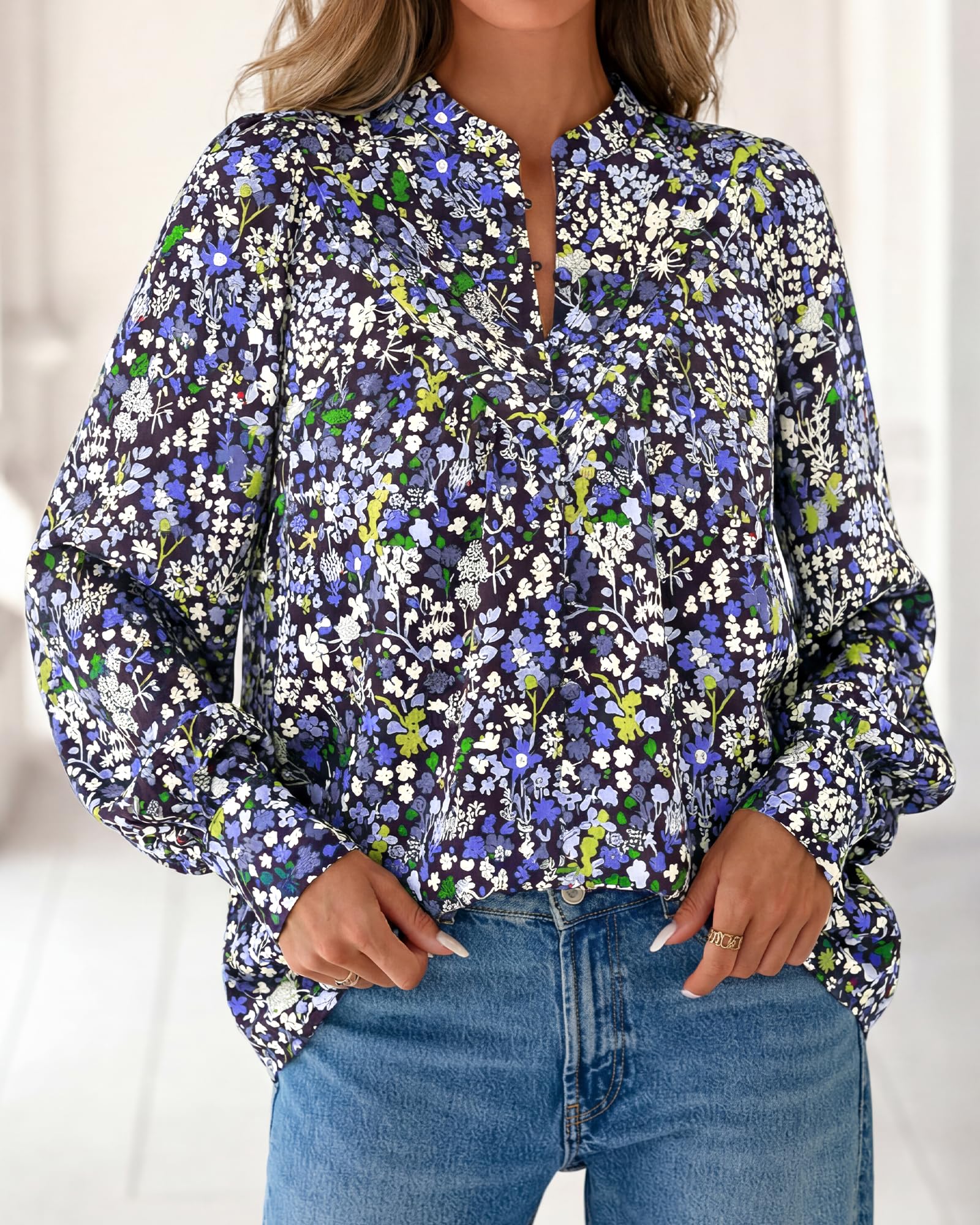 BTFBM Womens Tops Dressy Casual Spring Boho Floral V Neck Long Sleeve Half Button Down Shirt Work Business Blouses