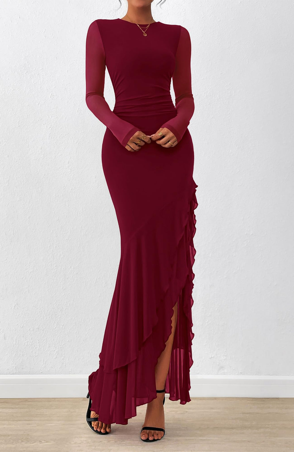 BTFBM Women's Maxi Dresses Fall Long Sleeve Wedding Guest Dress Mesh,Ruched,Bodycon,High Split,Solid Color,Ruffle, Mermaid,Cocktail Dresses,Prom,Party,Homecoming Dress,Fall Outfits
