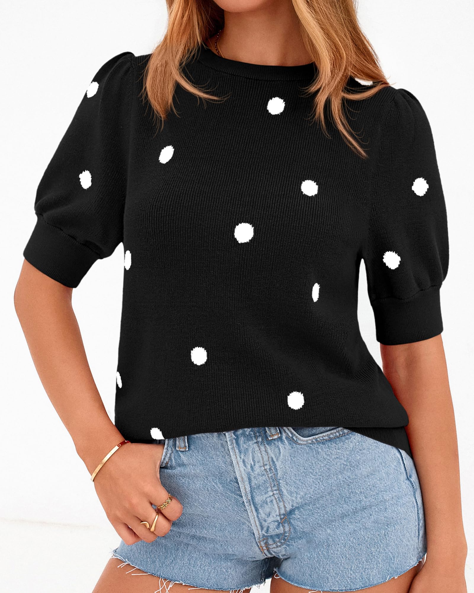 BTFBM Womens Sweaters Polka Dot Short Sleeve Sweater for Women Crew Neck Knit Summer Tops Business Dressy Casual Blouses