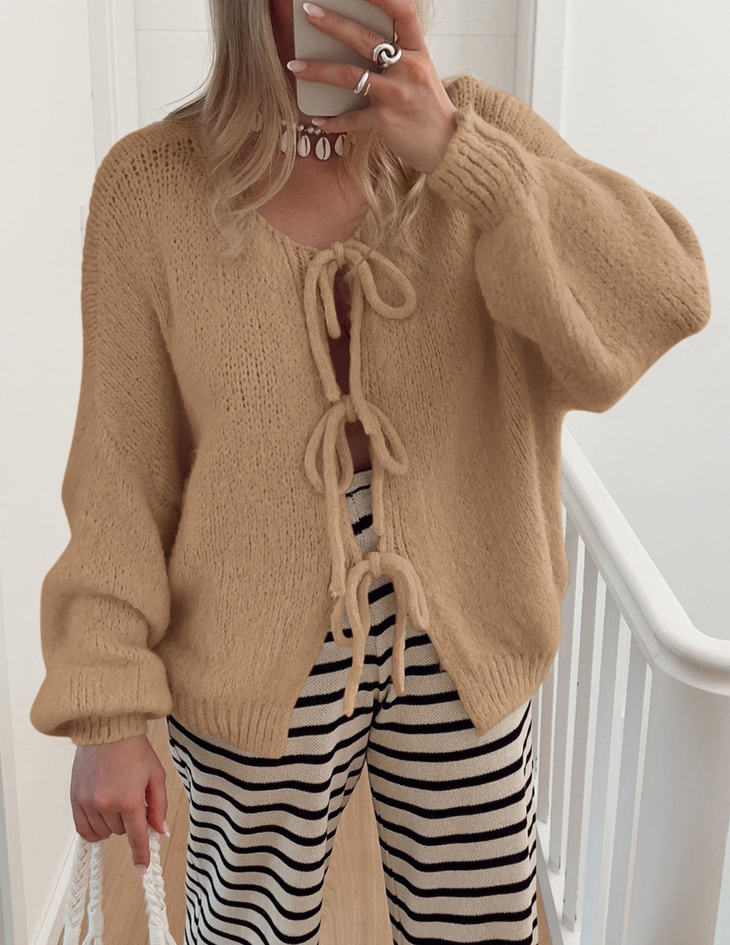 PRETTYGARDEN Women's Tie Front Bow Cardigan Sweaters Chunky Knit Long Puff Sleeve Trendy Fall Winter Jacket Coat