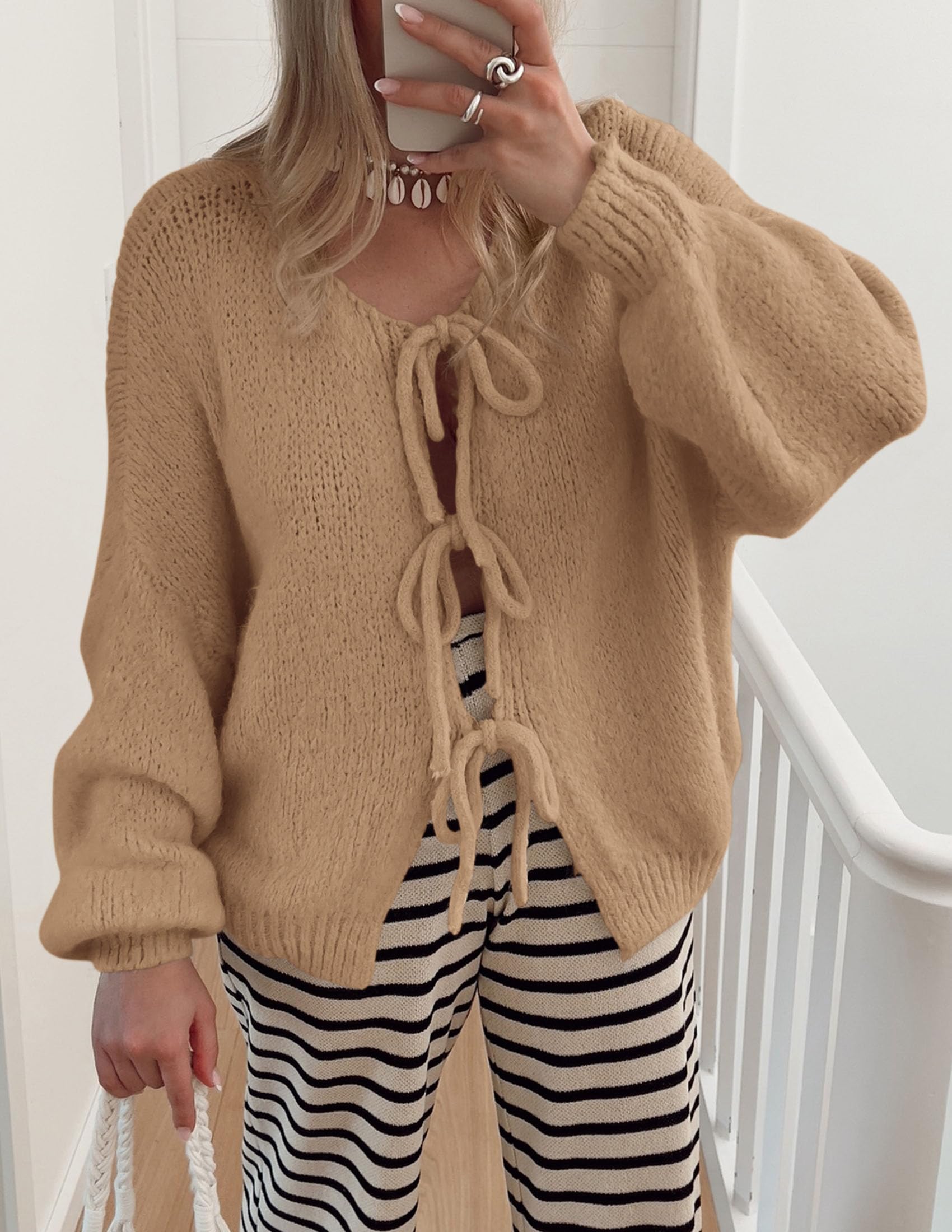 PRETTYGARDEN Women's Tie Front Bow Cardigan Sweaters Chunky Knit Long Puff Sleeve Trendy Fall Winter Jacket Coat