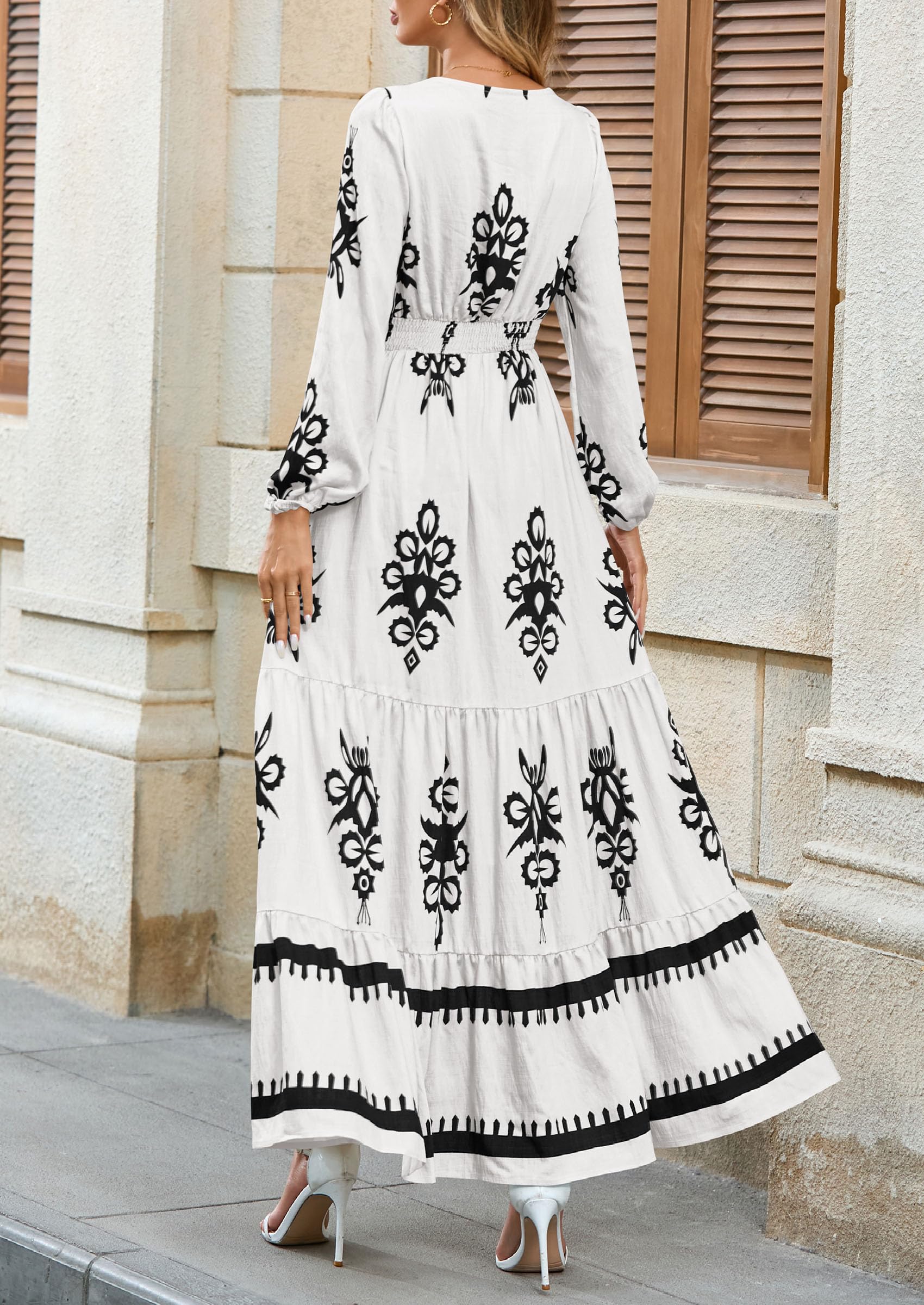 PRETTYGARDEN Women's Fall Wedding Guest Dresses Boho Floral Long Sleeve V Neck Flowy Elegant Maxi Dress Beach Clothes
