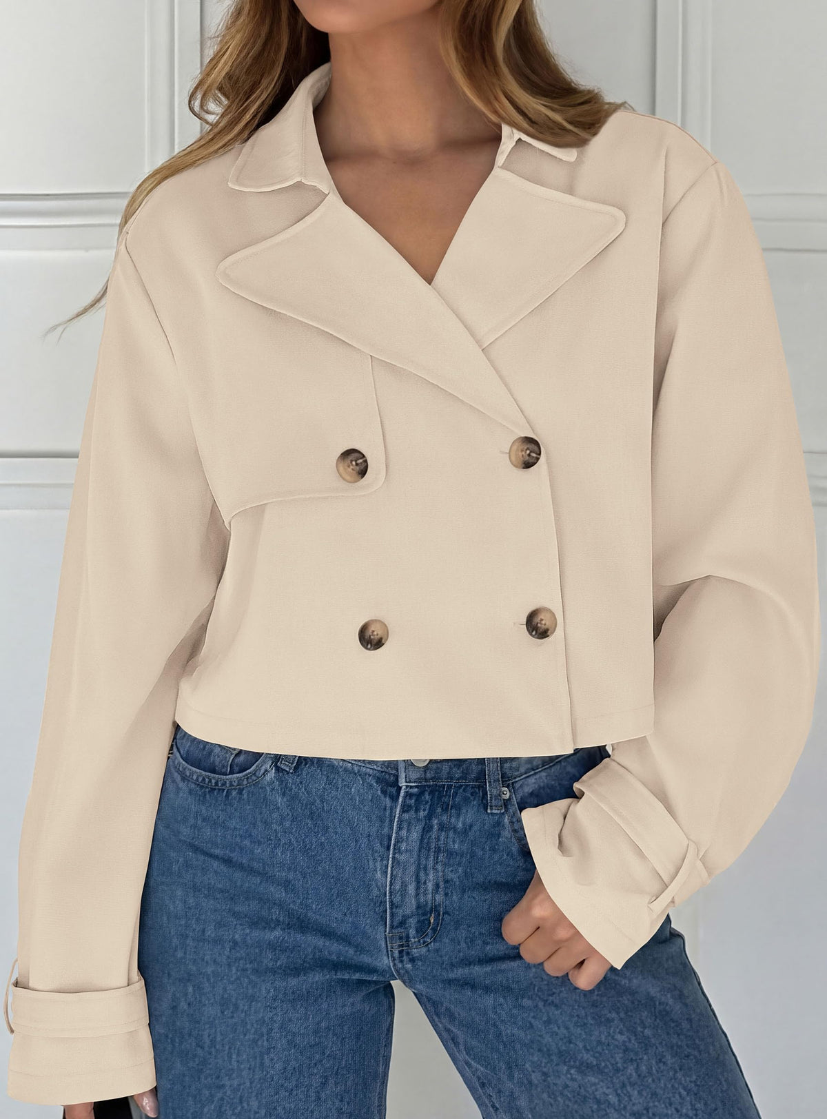 PRETTYGARDEN Cropped Trench Coat For Women Short Jacket,Soft Lightweight Coats, Lapel Double Breasted, Long Sleeve Loose Fit, Casual Work Office Jackets, Fall Winter Outwear