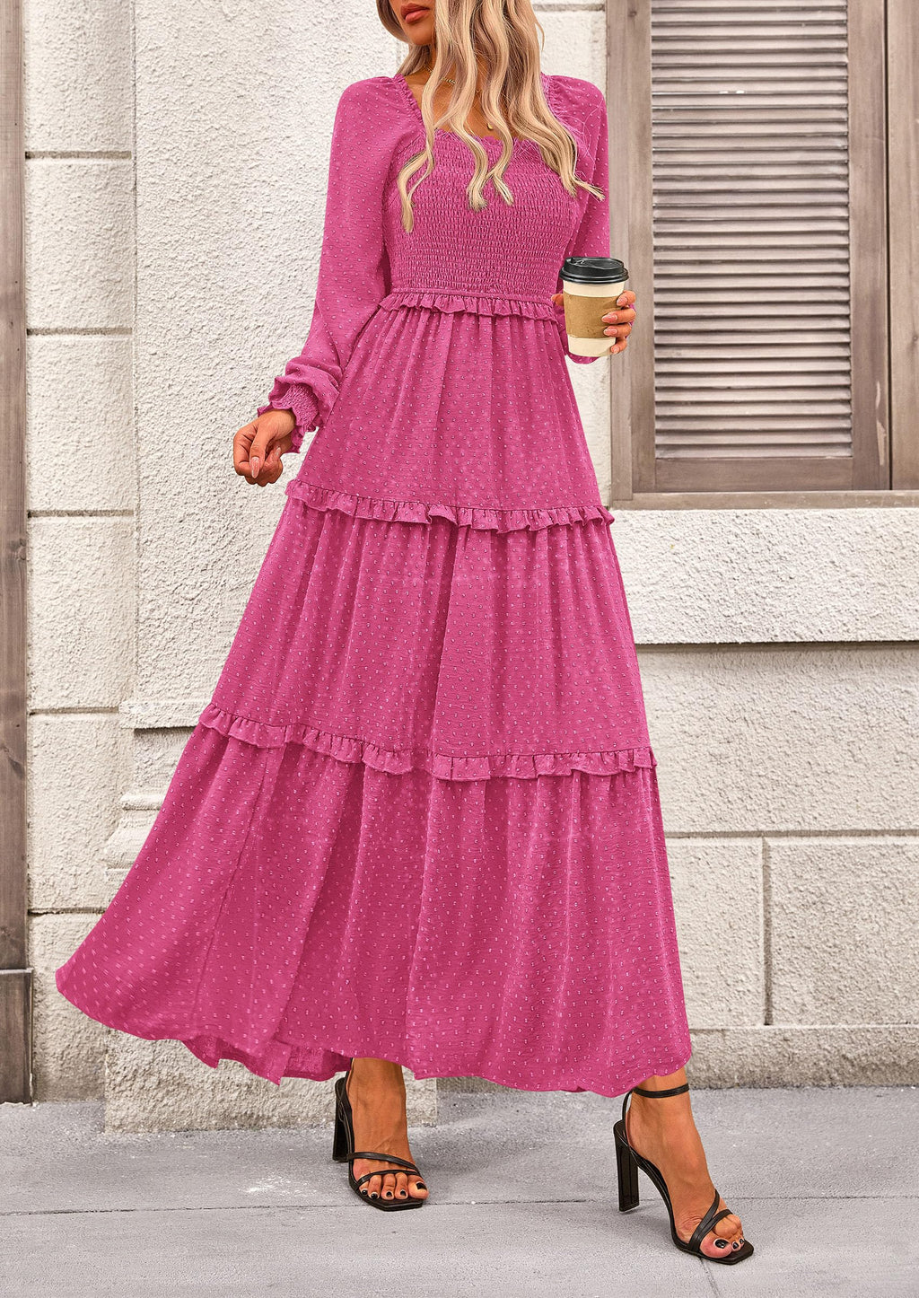 PRETTYGARDEN Fall Dresses for Women Long Sleeve Smocked Square Neck Swiss Dot Tiered Flowy Wedding Guest Maxi Dress