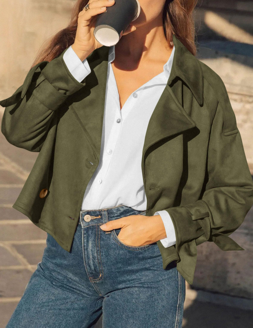 PRETTYGARDEN Women Faux Suede Double Breasted Trench Coat Cropped Jackets Raglan Long Sleeve,Lapel,Tie Cuff,Button Down,Fall Fashion Outerwear,Winter Clothes,Work Office Casual Short Jacket
