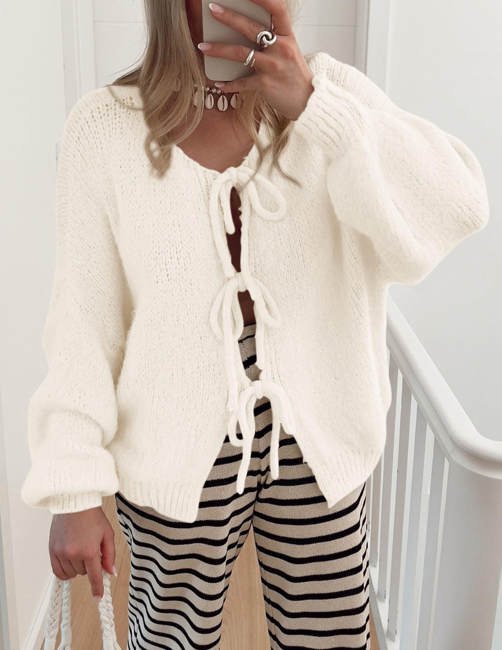 PRETTYGARDEN Women's Tie Front Bow Cardigan Sweaters Chunky Knit Long Puff Sleeve Trendy Fall Winter Jacket Coat