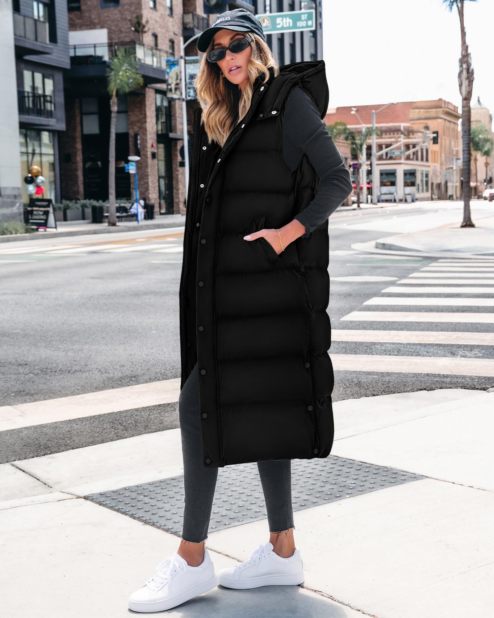 BTFBM Long Puffer Vest Women Quilted Hooded Button Down Zip Up Sleeveless Vests Outerwear Padded Jacket Fall Winter Coat