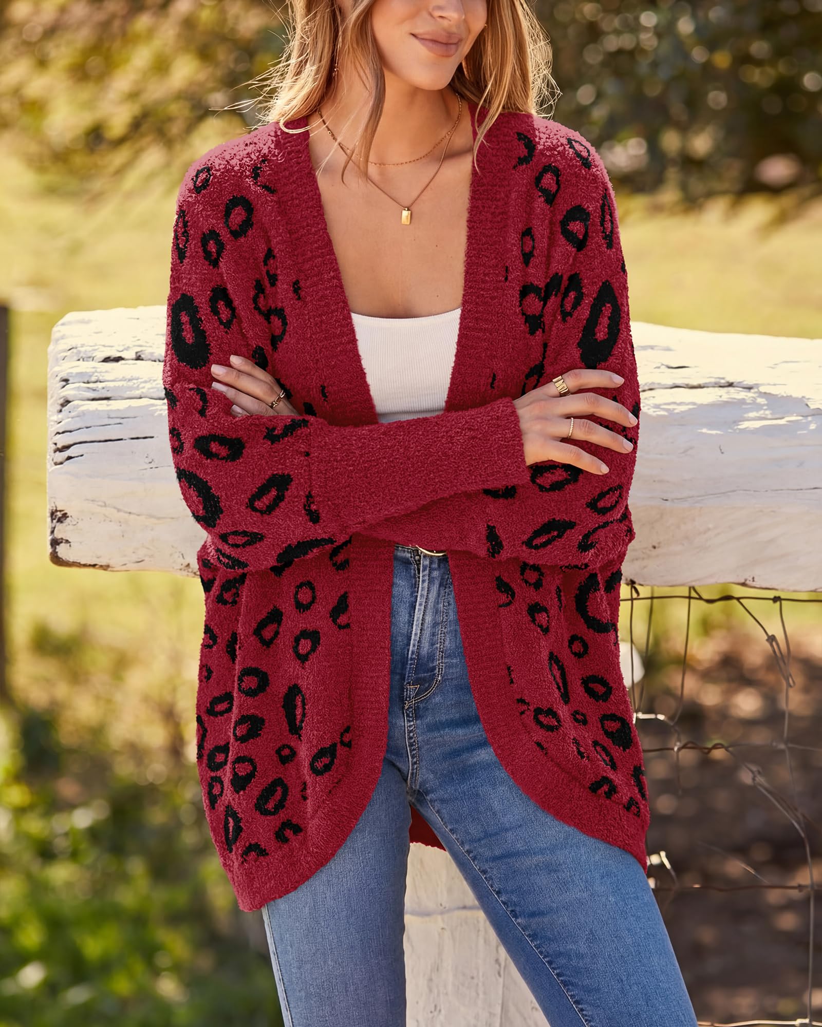 BTFBM Leopard Cardigan for Women Long Sleeve Open Front Cardigans Sweaters Pockets Loose Knit Fall Spring Outwear