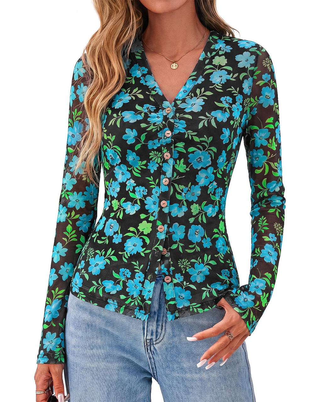BTFBM Button Down Shirts for Women Spring Boho Tops V Neck Long Sleeve Blouses Ruched Mesh Fitted Fall Fashion