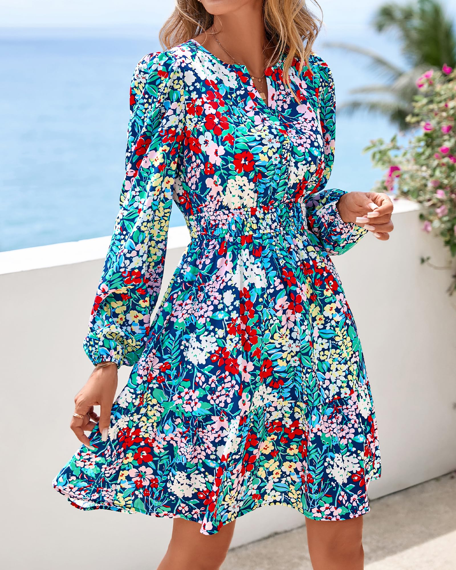 BTFBM Spring Dresses for Women Mini Long Sleeve Elastic Waist Summer Vacation Outfits Floral Wedding Guest Dress
