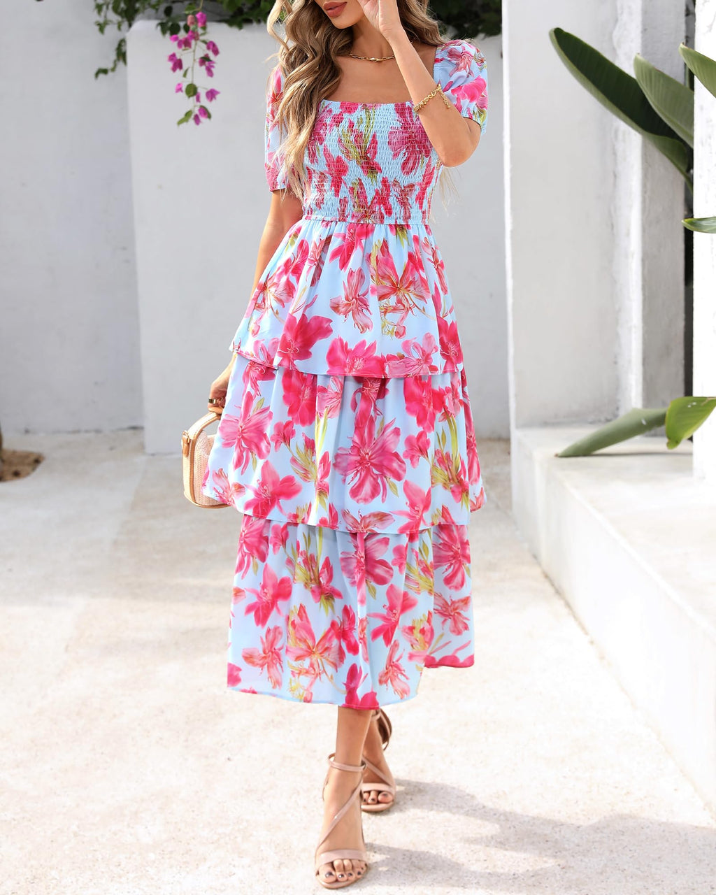BTFBM Womens Square Neck Smocked Dress Summer Puff Short Sleeve Floral Casual Ruffle Tiered Maxi Wedding Guest Dresses