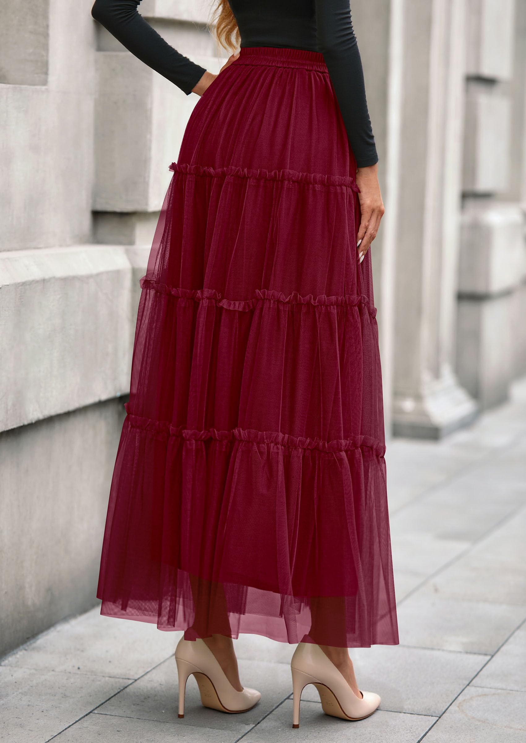 PRETTYGARDEN Tulle Skirts for Women Fall Fashion Elastic High Waisted Fairy Tiered Flowy A-Line Casual Maxi Long Skirt