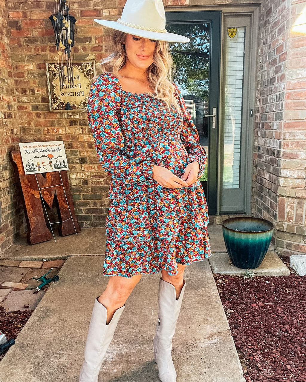 BTFBM Womens Long Sleeve Dress Summer Vacation Square Neck Smocked Floral Mini Boho Spring Wedding Guest Dresses