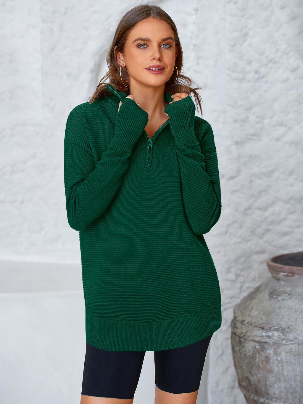 PRETTYGARDEN Womens Long Sleeve Quarter Zip Pullover Sweater Casual Loose V Neck Collared Ribbed Knit Jumper Tops Thumb Hole