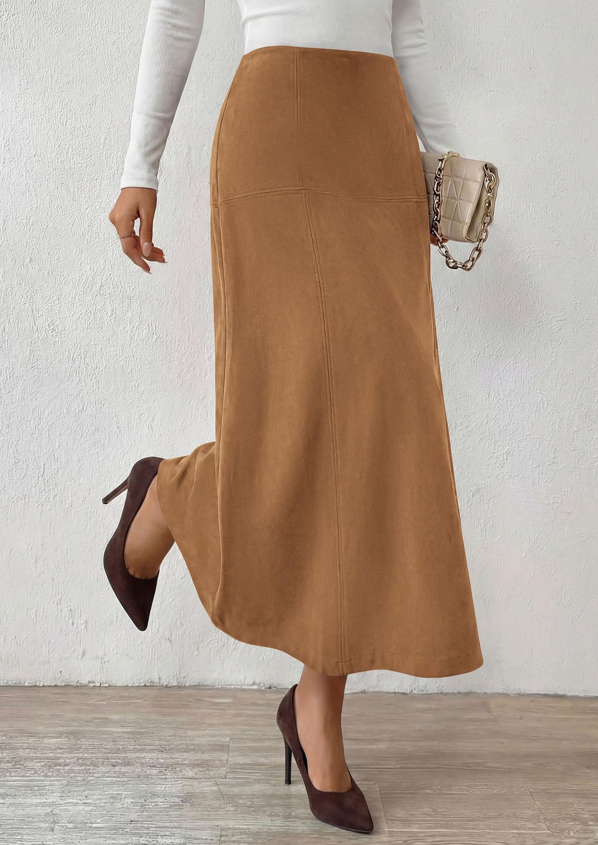 PRETTYGARDEN Womens High Waist Faux Suede A Line Midi Skirt | Hidden Stretch Elastic Waist, Front Back Panel Stitching, Vintage Elegant Mid-Calf Long Skirts for Fall Winter Office Daily