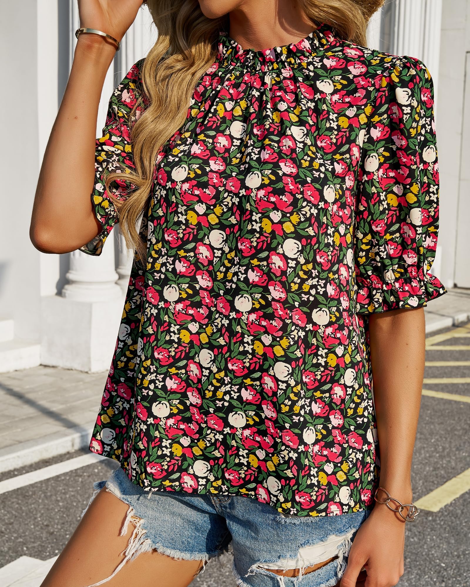 FreshPretty Women's Dressy Casual Blouses Business Work Tops Lace Trim Short Sleeve Office Shirts Summer Spring Outfits