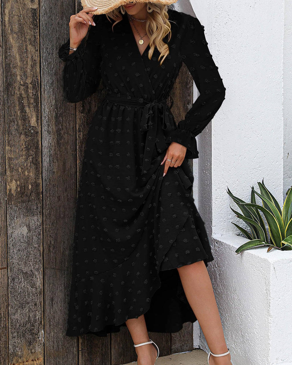 FreshPretty Long Sleeve Maxi Dresses for Women V Neck Swiss Dot Boho Flowy Slit Cocktail Wedding Guest Dress Fall Clothes