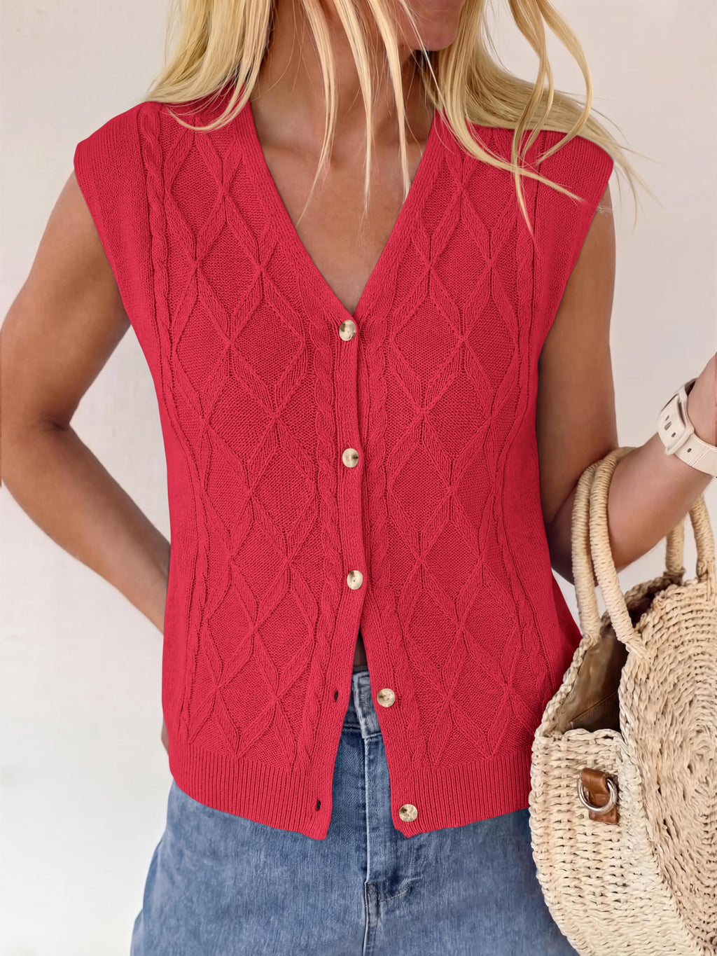 BTFBM Vest Tops for Women Summer V Neck Button Loose Lightweight Cardigan Knit Cap Sleeve Sweater Vests Fashion Clothing