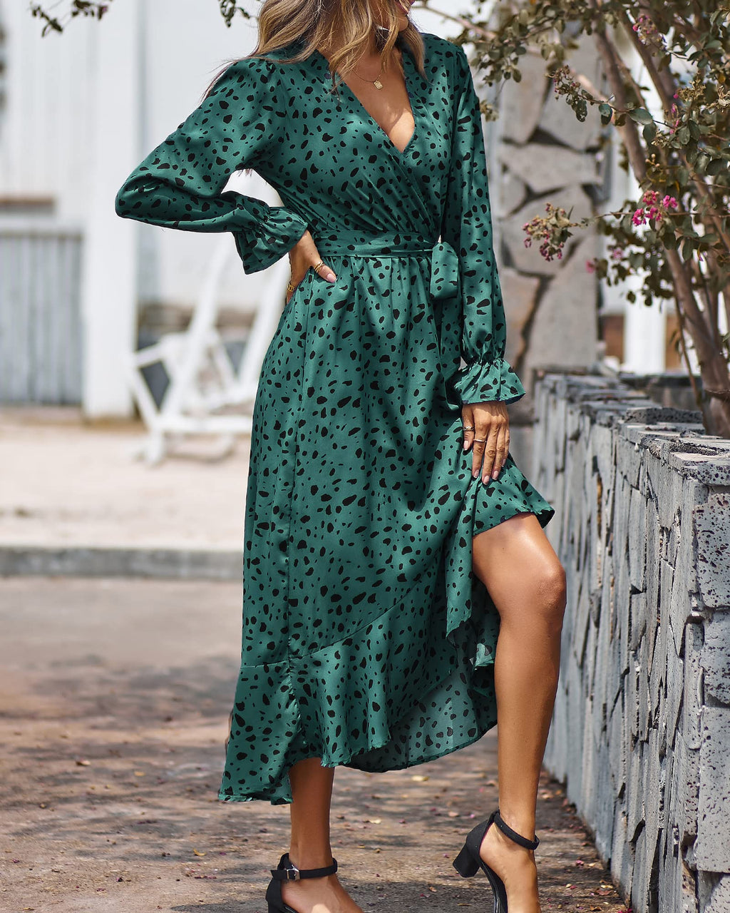 BTFBM Womens Dresses Summer V Neck Floral High Waist Ruffle Wedding Guest Cocktail Boho Spring Long Sleeve Dress