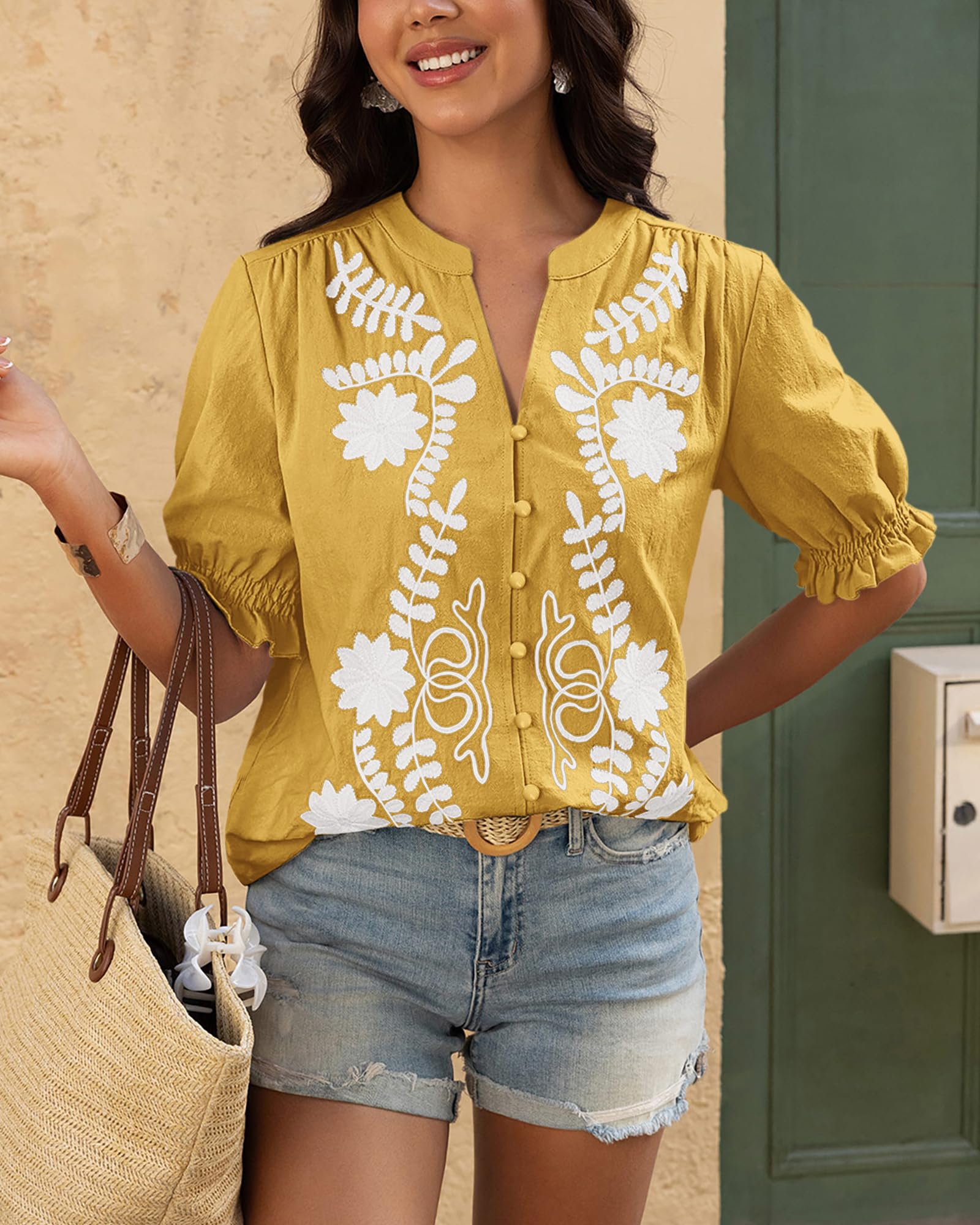 BTFBM Women's Spring Tops Casual Floral Boho V Neck Puff Short Sleeve Button Down Shirts Embroidered Blouses Tunic