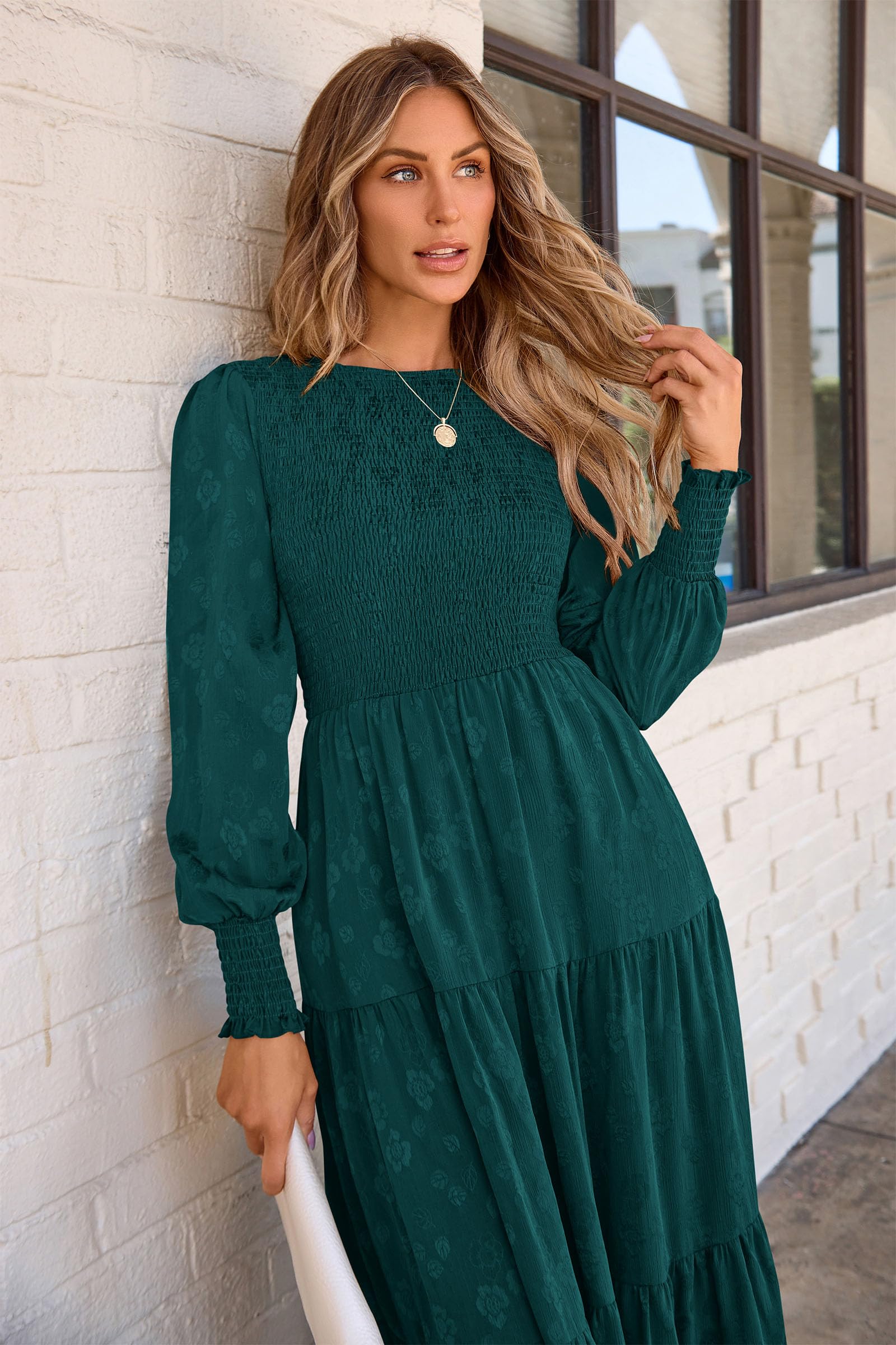 PRETTYGARDEN Women's Fall Spring Midi Dress Long Sleeve Floral Smocked Elegant Wedding Guest Long Flowy Dresses with Pockets