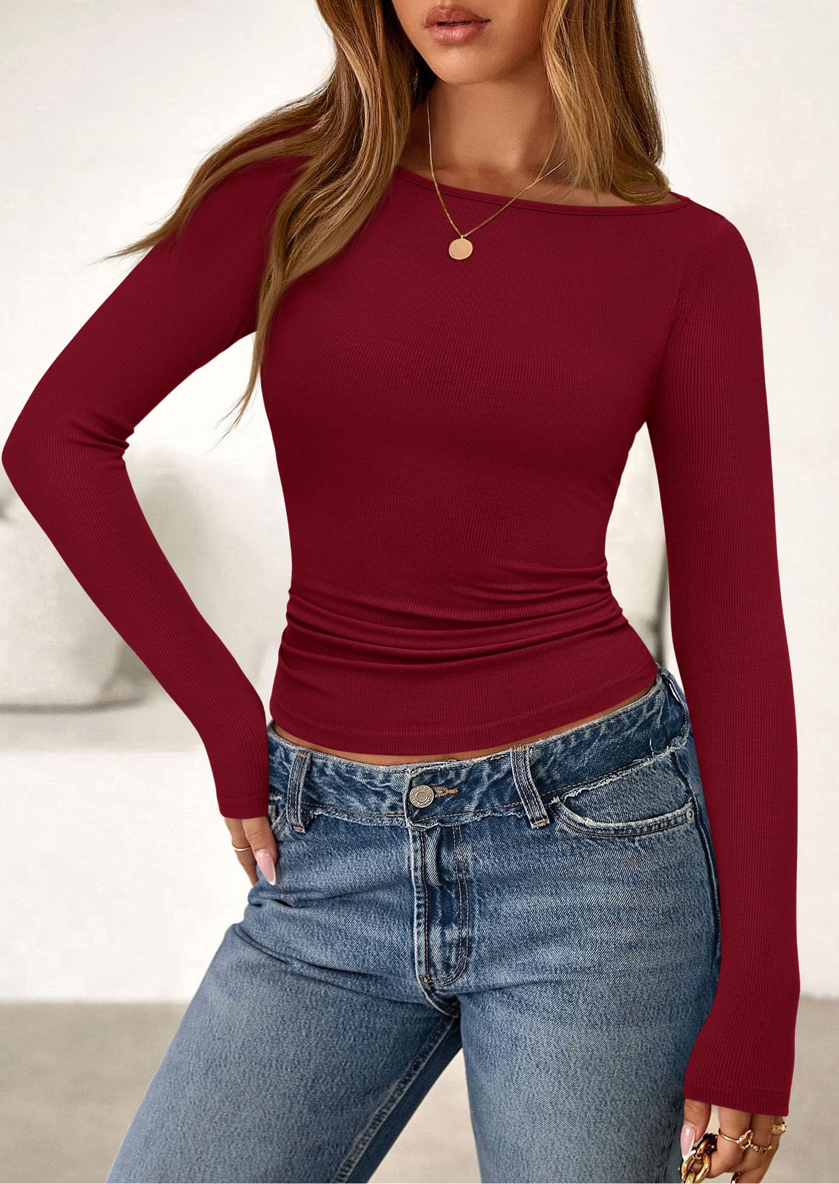 PRETTYGARDEN Long Sleeve Shirts for Women Fall Boat Neck Ribbed Knit Ruched Fitted Going Out Tops Casual Basic Tees