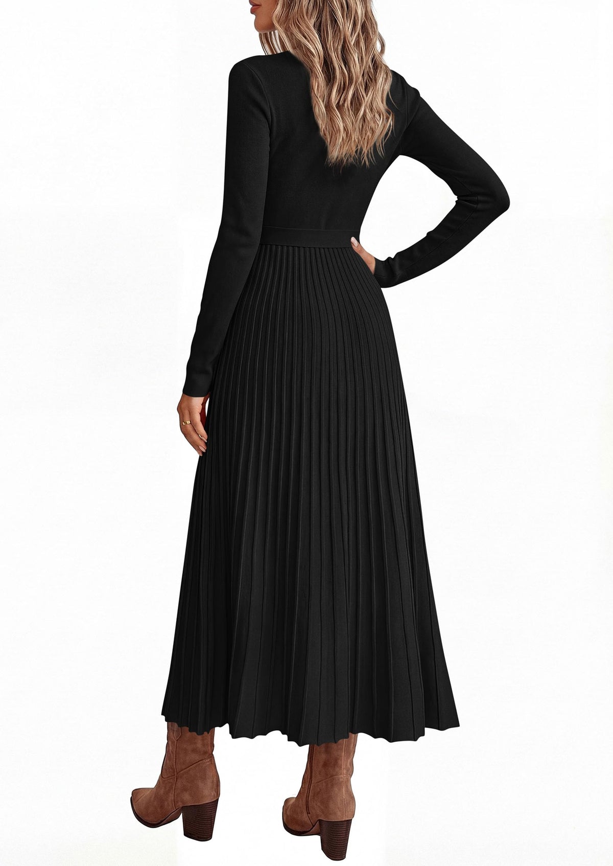 PRETTYGARDEN Womens Fall Maxi Long Sleeve Sweater Dress Soft Stretchy Knit, V Neck A Line Dresses with Bow, Flowy Pleated Hem, Cocktail Party Outfits, Trendy Winter Clothes