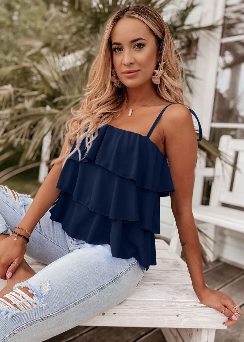 FreshPretty Spaghetti Strap Ruffle Babydoll Peplum Tank Tops for Women Summer Cute Flowy Beach Vacation Cruise Outfits