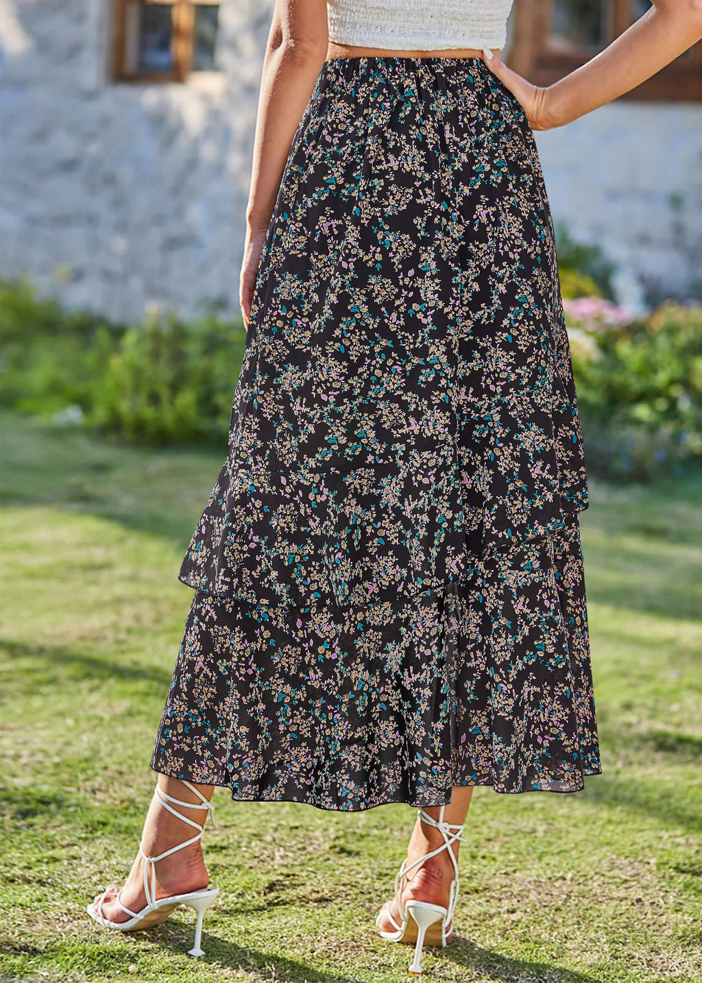BTFBM Women Spring Summer Long Skirts Dress Boho Floral Elastic Waist Split Ruffle High Low Beach Maxi Skirt Clothes