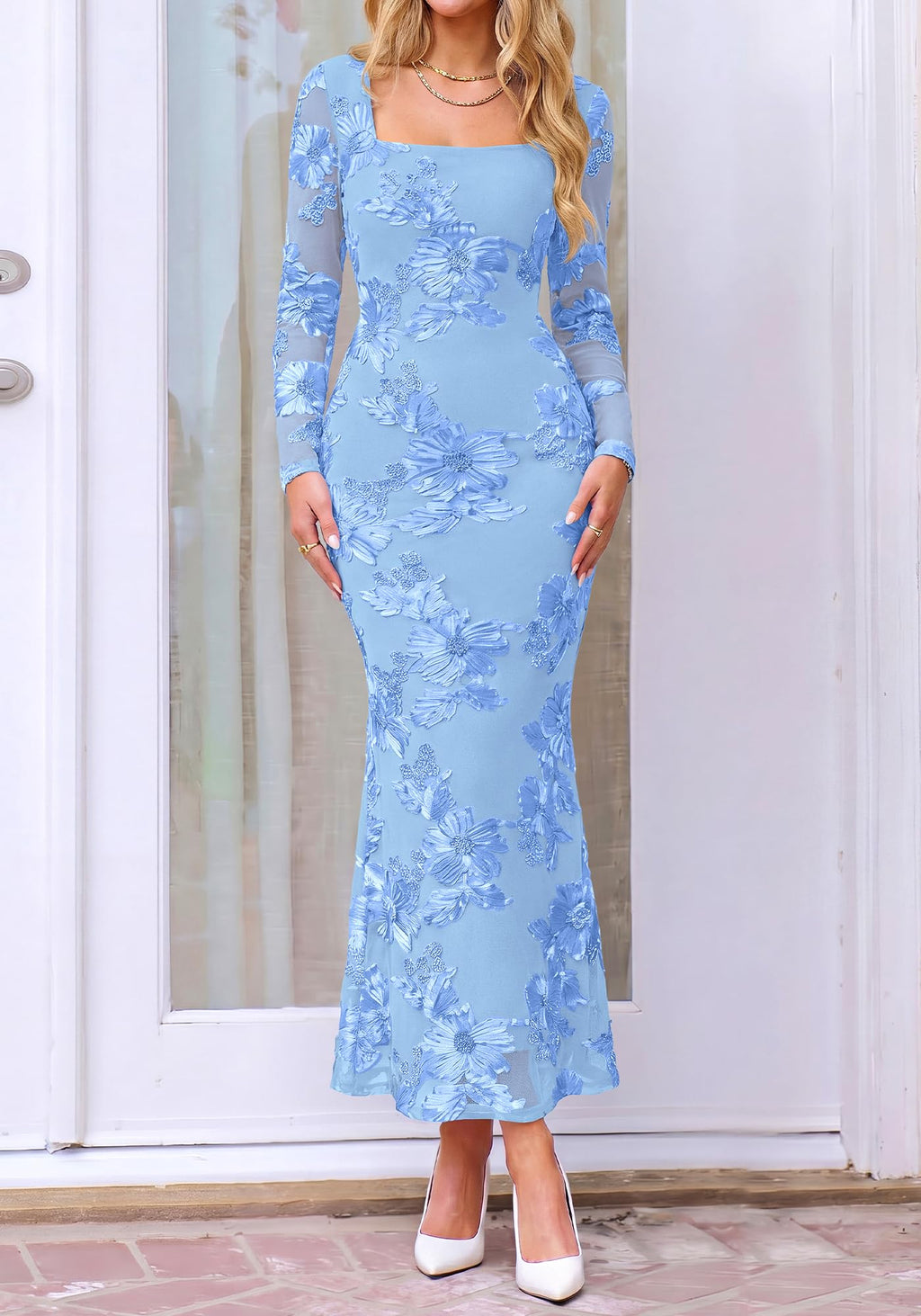 BTFBM Womens Long Sleeve Bodycon Floral Mesh Maxi Fall Wedding Guest Dress Semi Formal Dresses For Bridal Shower, Engagement, Cocktail, Homecoming, Prom, Birthday Party, Date Night Outfits, Lined