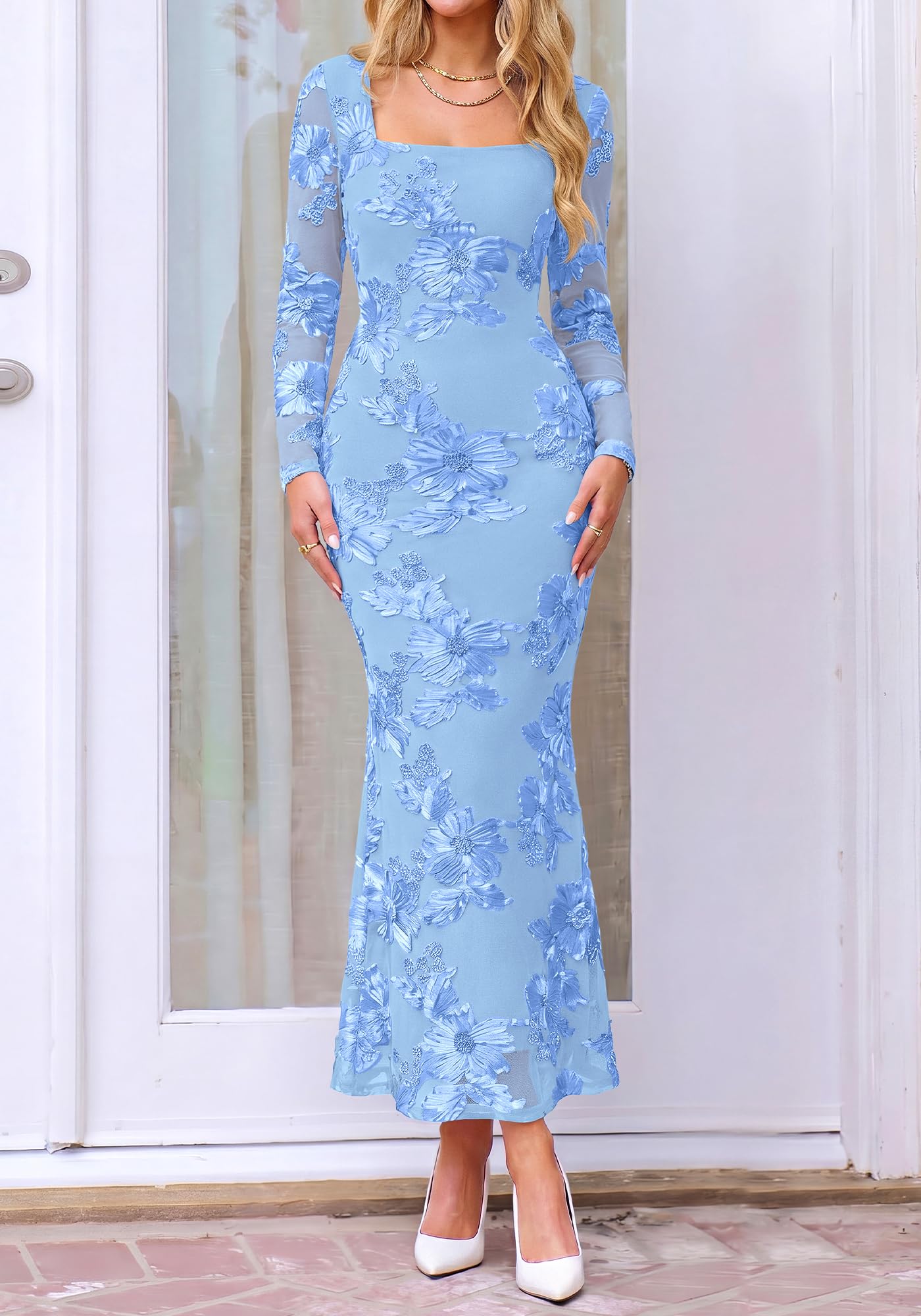 BTFBM Womens Long Sleeve Bodycon Floral Mesh Maxi Fall Wedding Guest Dress Semi Formal Dresses For Bridal Shower, Engagement, Cocktail, Homecoming, Prom, Birthday Party, Date Night Outfits, Lined