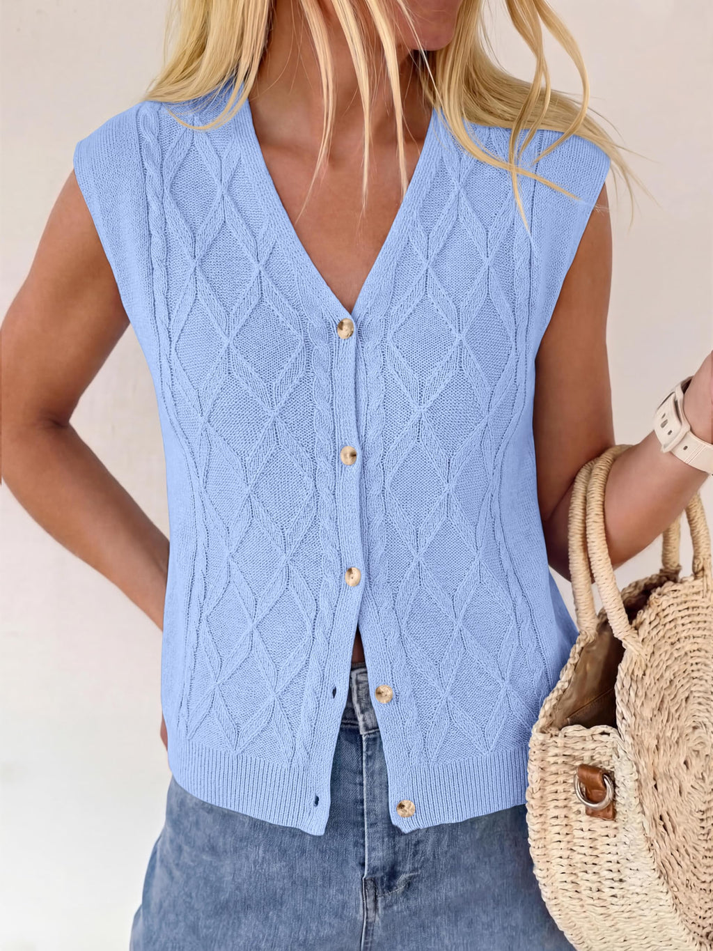 BTFBM Vest Tops for Women Summer V Neck Button Loose Lightweight Cardigan Knit Cap Sleeve Sweater Vests Fashion Clothing