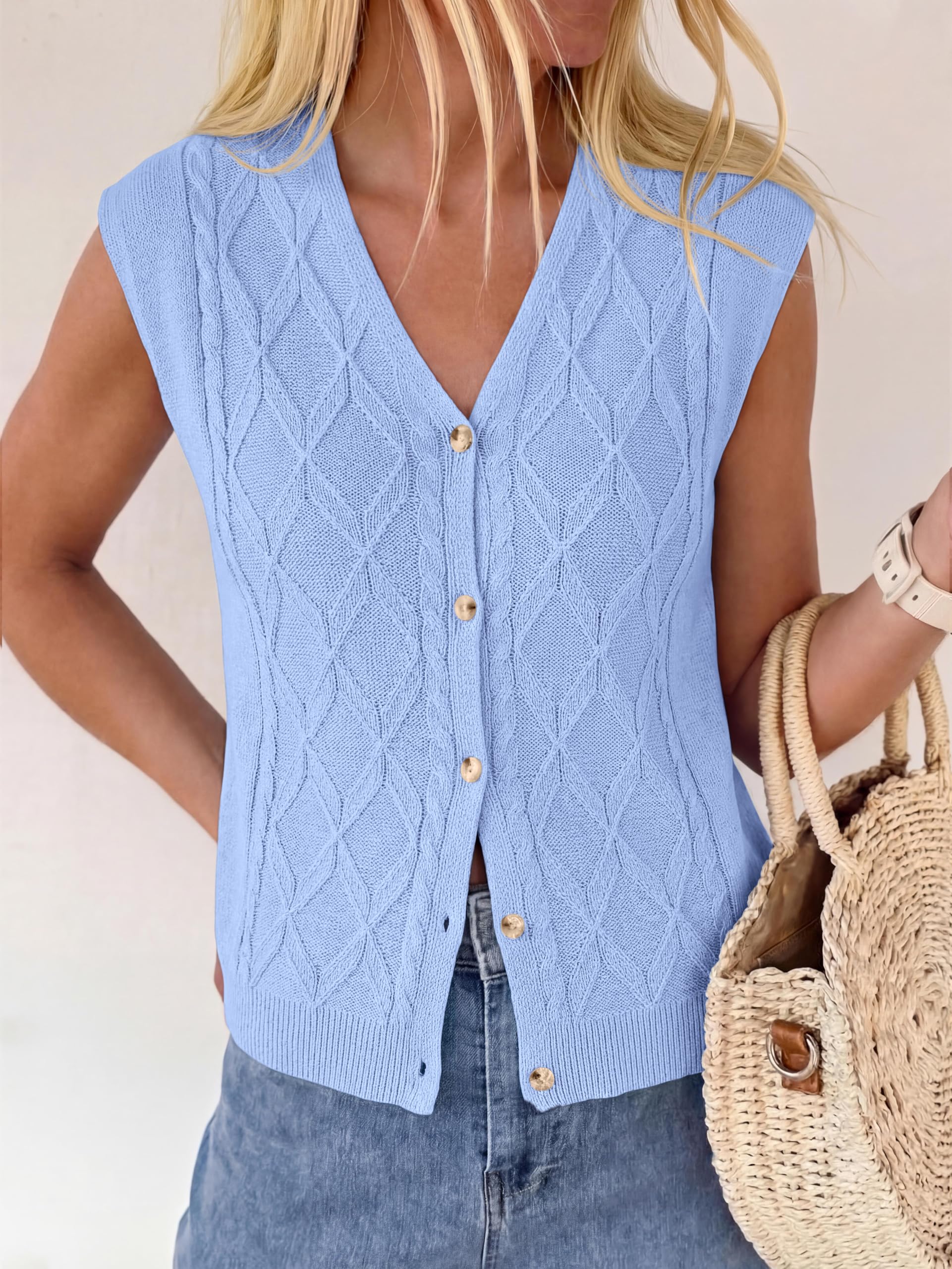 BTFBM Vest Tops for Women Summer V Neck Button Loose Lightweight Cardigan Knit Cap Sleeve Sweater Vests Fashion Clothing