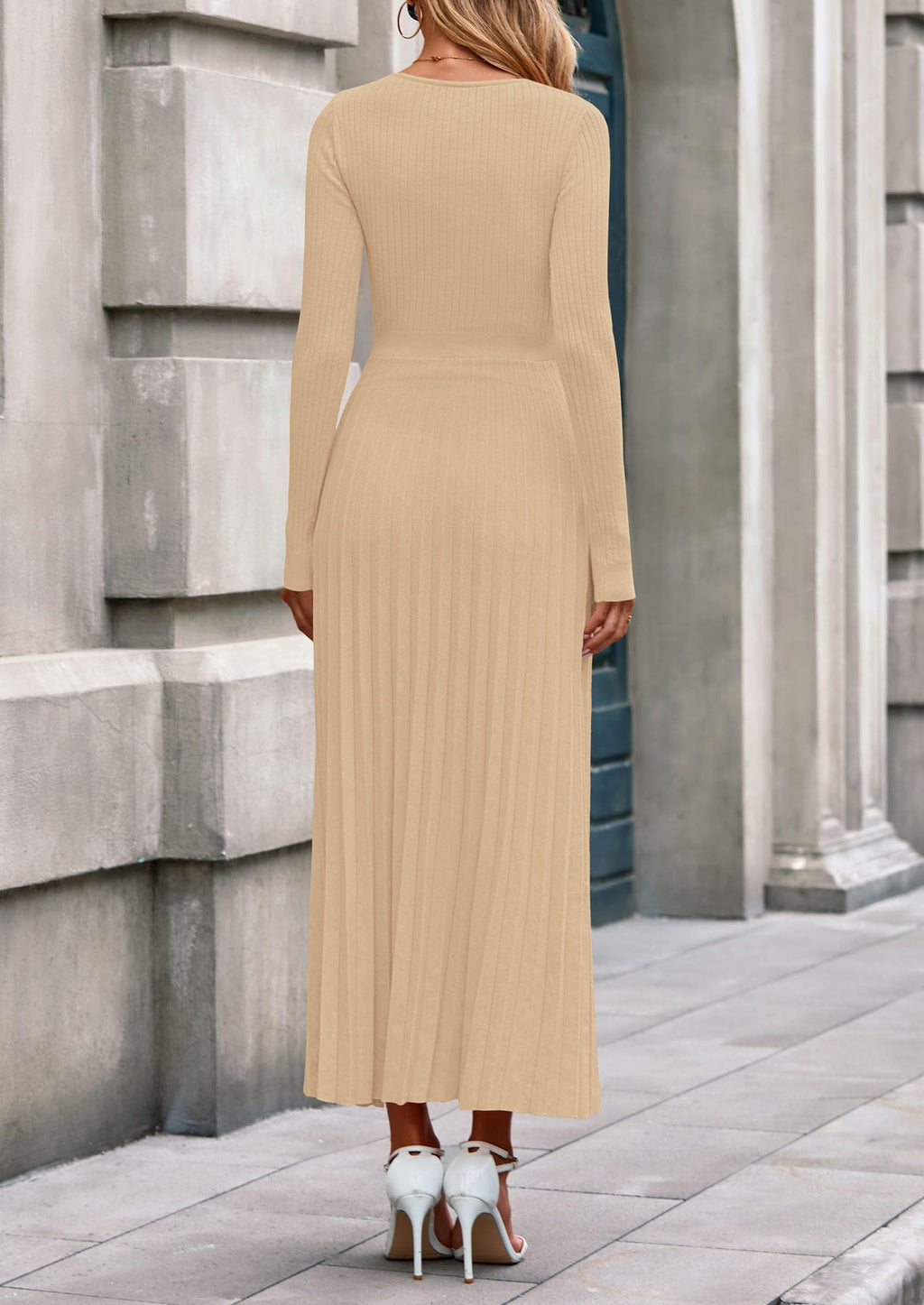 PRETTYGARDEN Women Sweater Dress Fall Fashion Long Sleeve V Neck Ribbed Knit Pleated A Line Elegant Maxi Winter Dresses