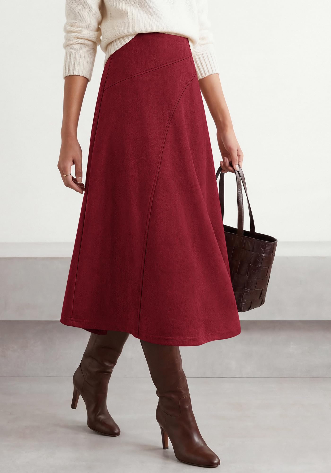 BTFBM Women Faux Suede Midi Long Skirt Fall Fashion | High Waisted Skirts For Women Trendy, Lightweight, Back Elastic, Arc Line Design, A-Line, Winter Dress, Boho Western Outfits