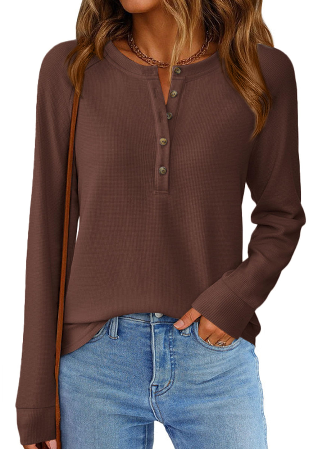 PRETTYGARDEN Women's Long Sleeve Waffle Knit Shirts Fall Casual Button Up Henley V Neck Tunic Tops Loose Fit Basic Tees