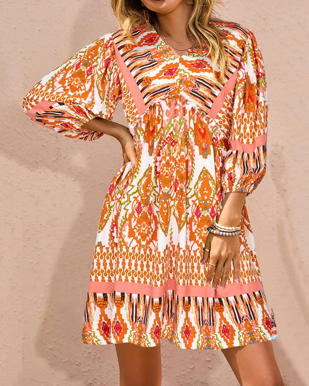 BTFBM Women Casual Spring Summer Dresses V Neck 3/4 Long Sleeve Ruffle Floral Flowy Boho Babydoll Mini Short Beach Dress