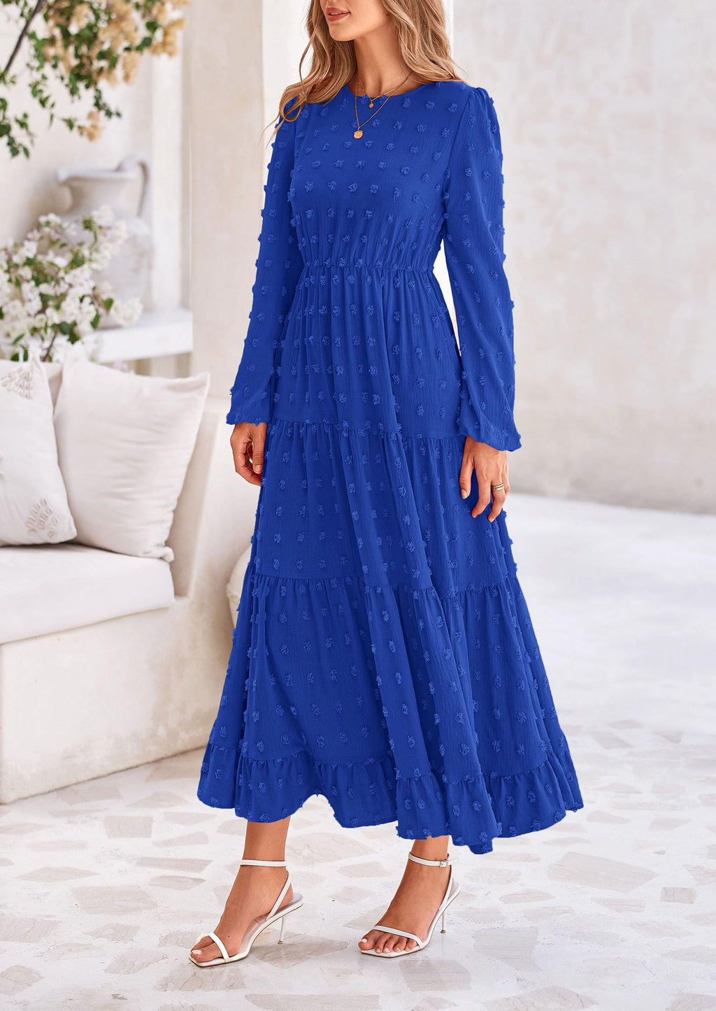 PRETTYGARDEN Women's Fall Spring Elegant Long Sleeve Maxi Dress Swiss Dot A Line Flowy Casual Holiday Party Going Out Dresses