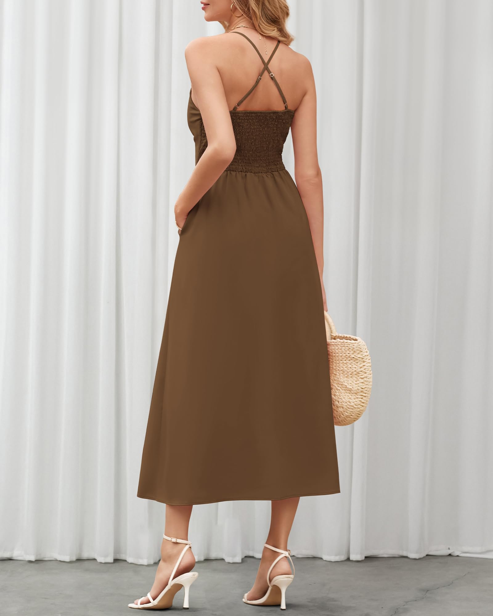 BTFBM Women Spaghetti Strap Midi Summer Dresses Sleeveless V Neck Cutout Slit Casual Beach Party Maxi Dress Pockets