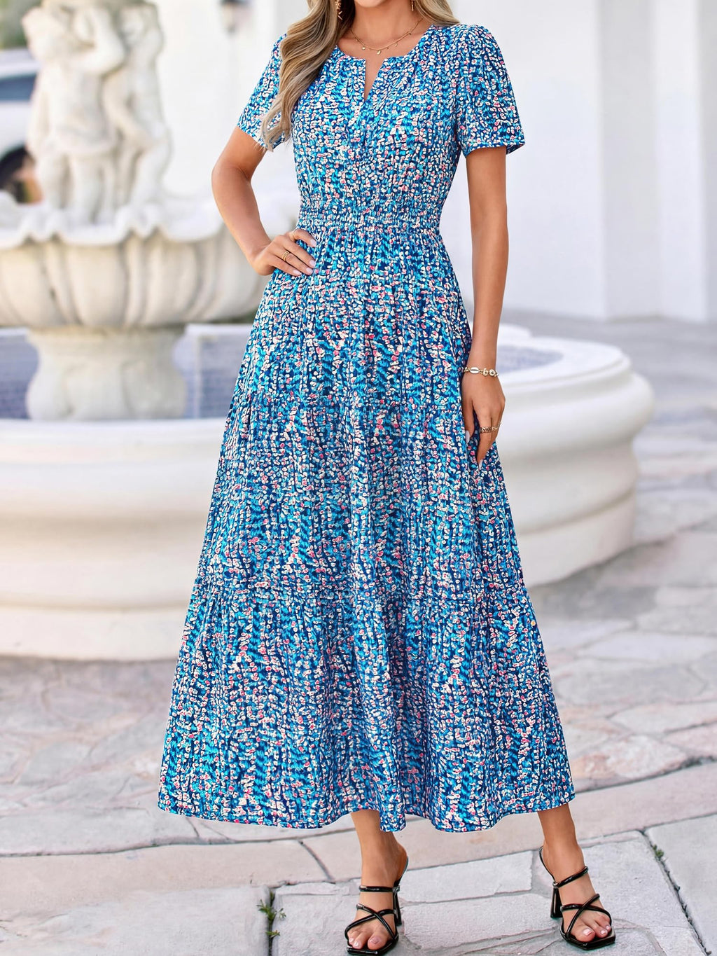 BTFBM Womens Summer Floral Maxi Dresses V Neck Short Sleeve Boho Casual Flowy Long Wedding Guest Dress Beach Vacation