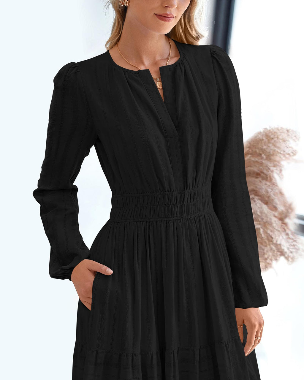 FreshPretty Fall Dresses for Women Casual Long Sleeve V Neck Elastic Waist Lightweight Maxi Wedding Guest Dress Pockets