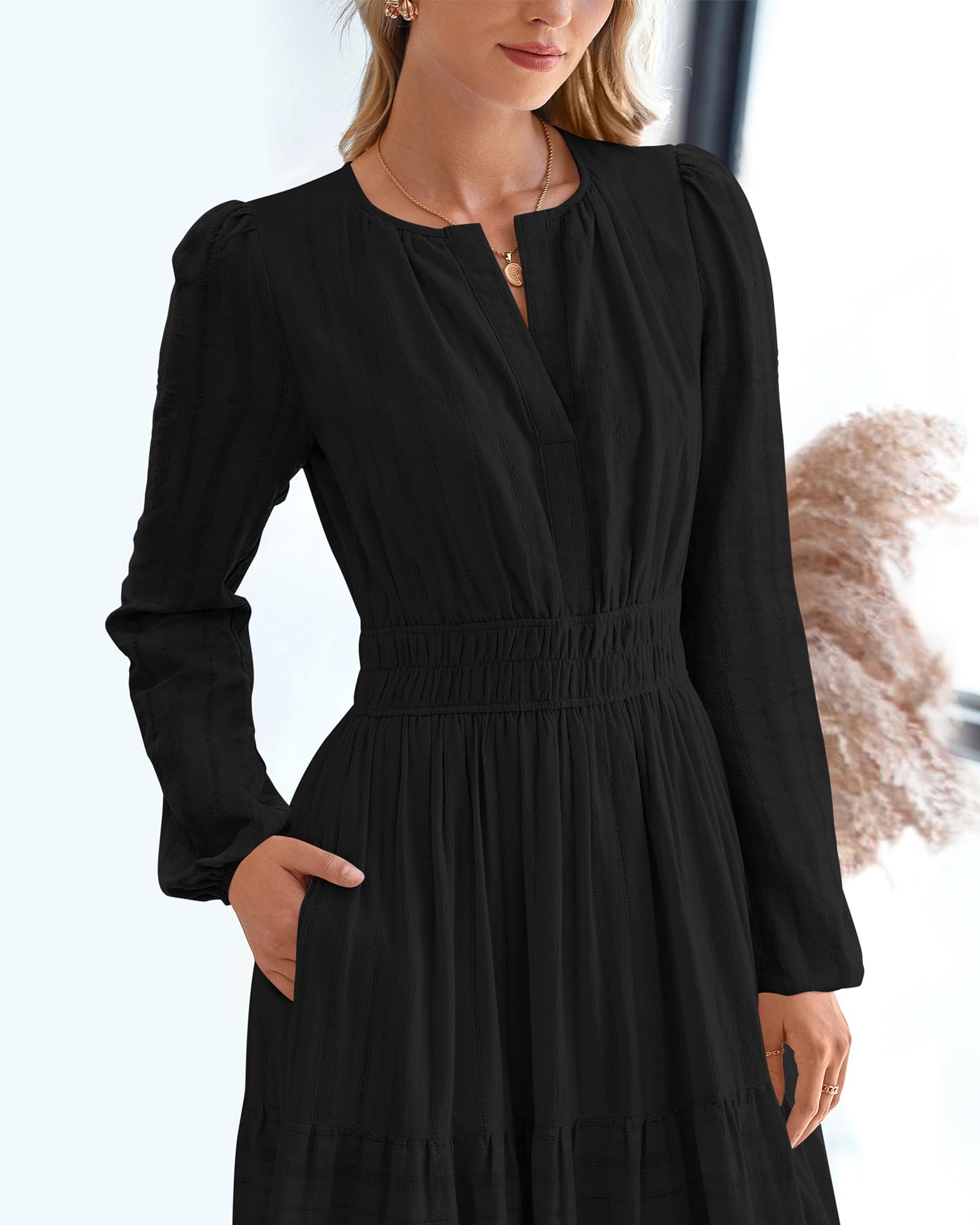 FreshPretty Fall Dresses for Women Casual Long Sleeve V Neck Elastic Waist Lightweight Maxi Wedding Guest Dress Pockets