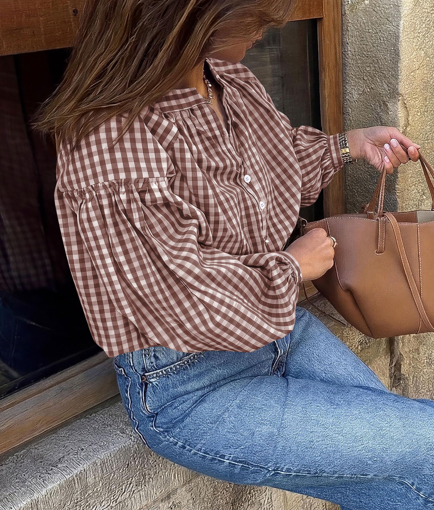 PRETTYGARDEN Women Fall Plaid Long Puff Sleeve Shirts V Neck Casual Blouses Gingham Button Down Oversized, Pleated Drop Shoulder Cotton Tops, Dressy Casual, Work Vacation Travel, Fall Outfits Trendy