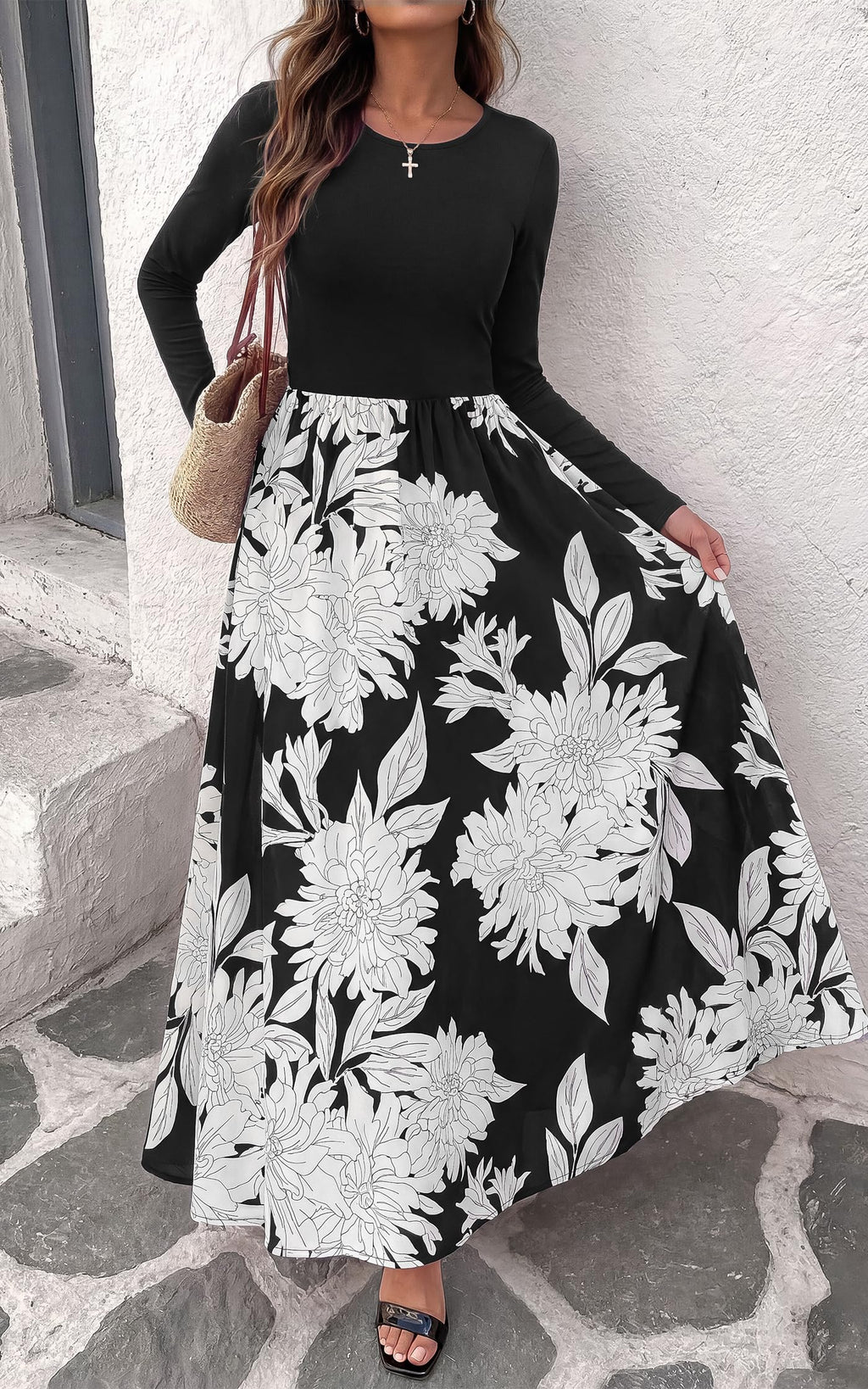 FreshPretty Women's Long Sleeve Boho Floral Flowy Fall Maxi Dress,Wedding Guest Dress,Elegant A Line Swing Bohemian Long Dresses with Pockets,Church Garden Party Resort Cruise Vacation Dress