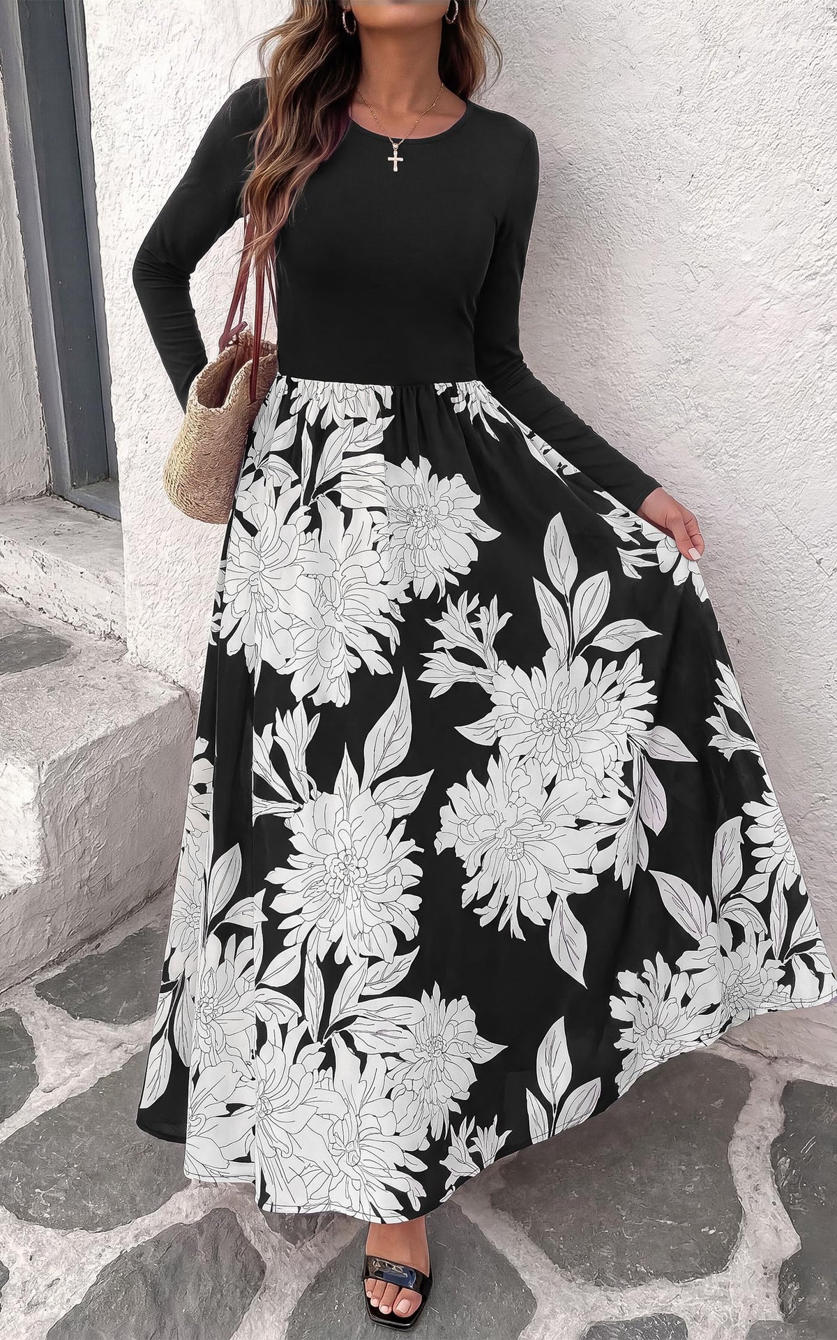 FreshPretty Women's Long Sleeve Boho Floral Flowy Fall Maxi Dress,Wedding Guest Dress,Elegant A Line Swing Bohemian Long Dresses with Pockets,Church Garden Party Resort Cruise Vacation Dress