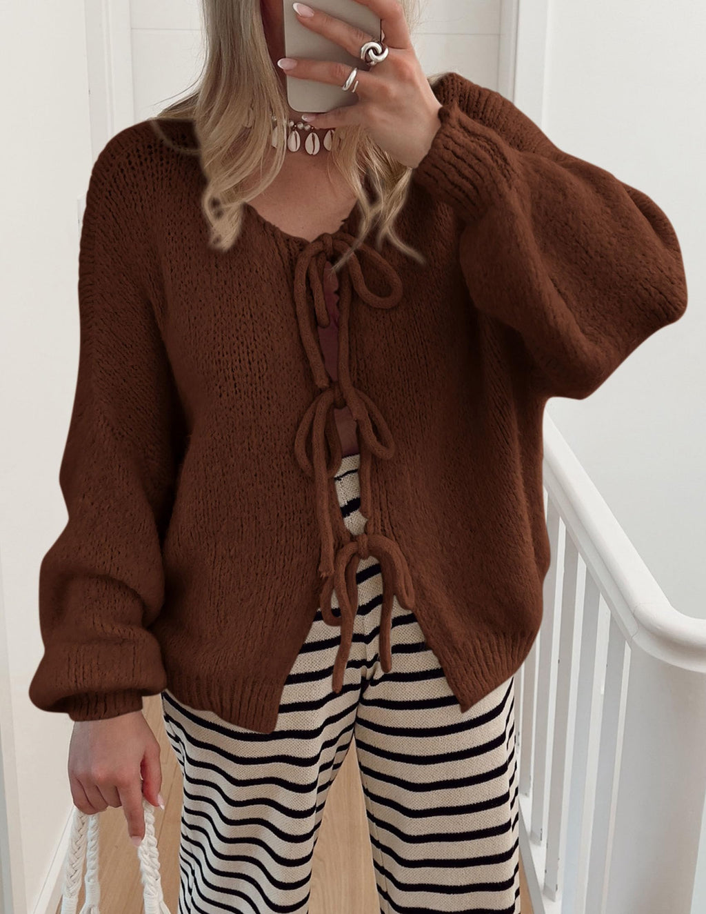 PRETTYGARDEN Women's Tie Front Bow Cardigan Sweaters Chunky Knit Long Puff Sleeve Trendy Fall Winter Jacket Coat