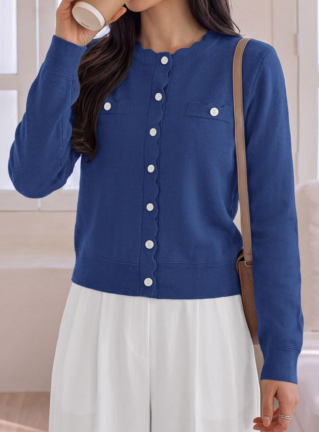 PRETTYGARDEN Cardigan Sweaters for Women Scalloped Button Up Fall Outfits Soft Knit Long Sleeve Knit Tops,Crew Neck,Business Casual Outfits,Office Work Lightweight Sweater,Layers Clothes