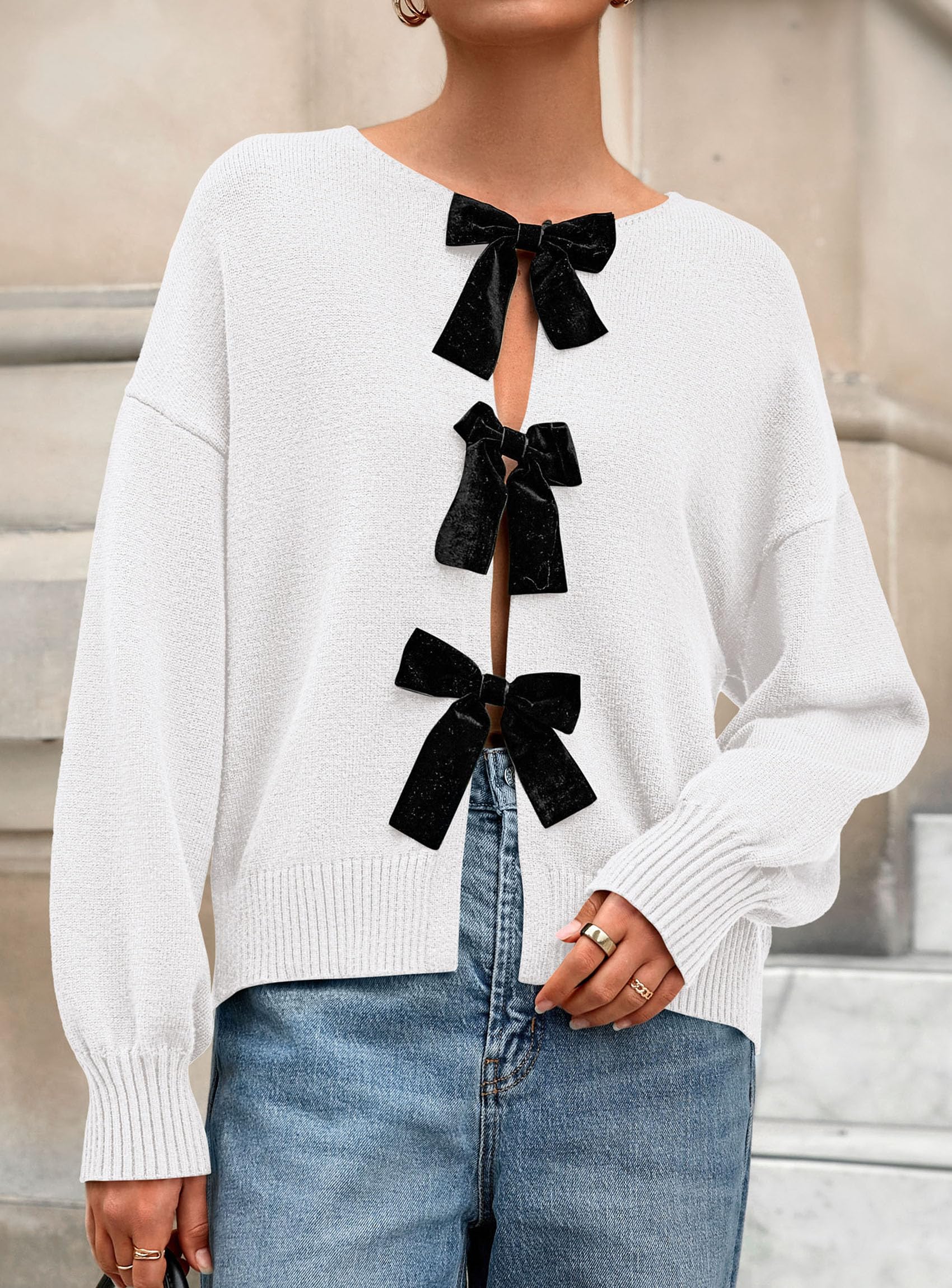 PRETTYGARDEN Cardigan Sweaters for Women Fall Fashion Bow Tie Front Long Sleeve Knit Sweater Tops Cute Winter Clothes