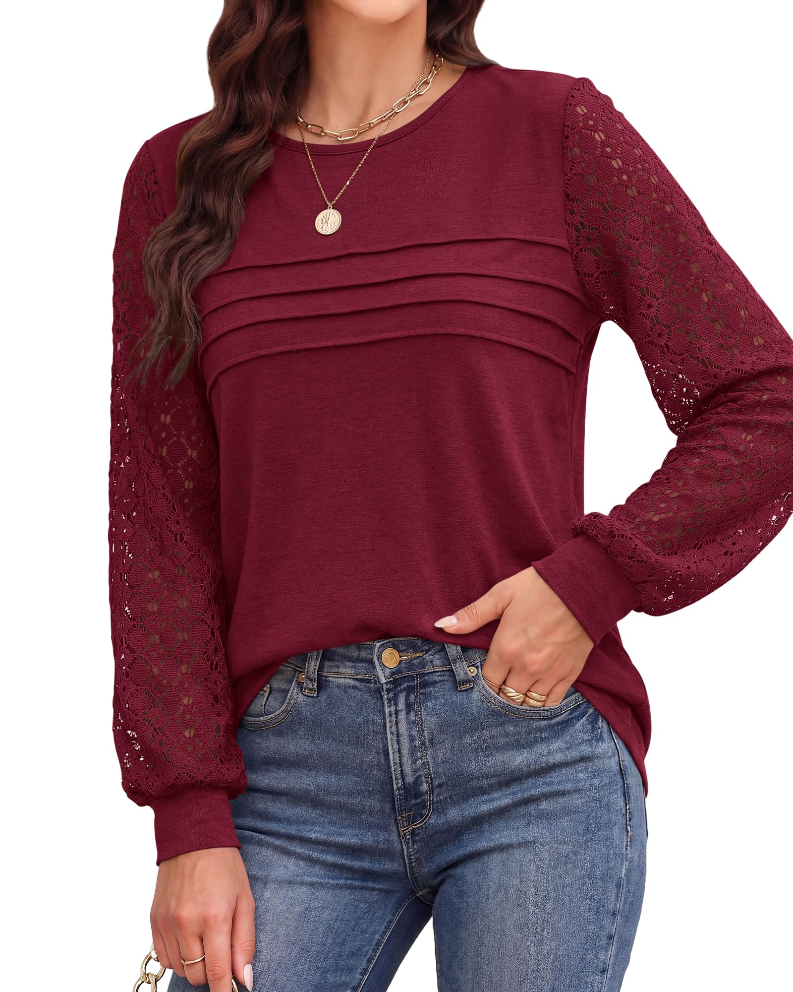 BTFBM Women's Long Sleeve Shirts Dressy Lace Fall Tops Trendy Business Casual T-Shirts Cute Work Outfits Blouses