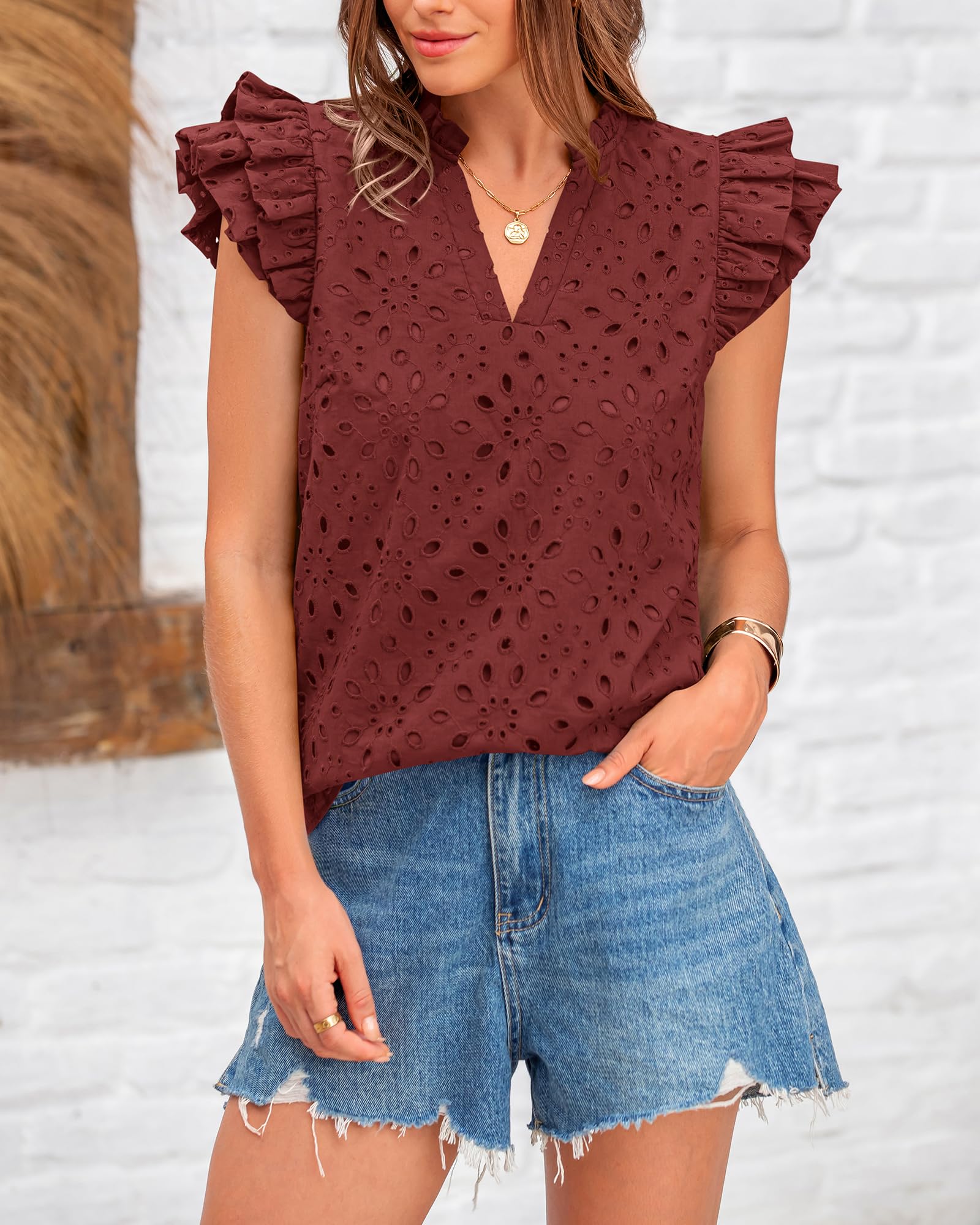 FreshPretty Women Summer Eyelet Tops Dressy Casual V Neck Ruffle Cap Sleeve Cotton Boho Shirts Lace Embroidered Blouses
